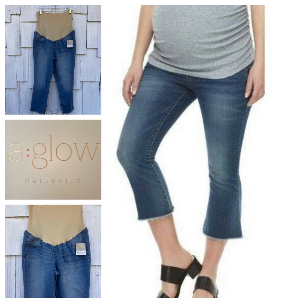 a:glow Maternity Capri Jeans Size 16 Light Wash Raw Hem Full Coverage Belly Band